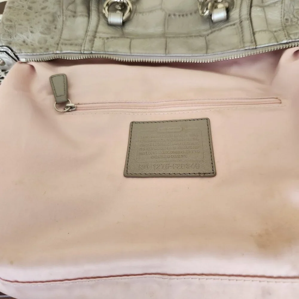 Euc Coach Ashley Crocodile Embossed Silver Leather Shoulder Bag